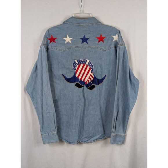 Vintage Jake Stewart Embroidered Stars & Boots Denim Button Up Shirt Size Medium - Picture 12 of 16